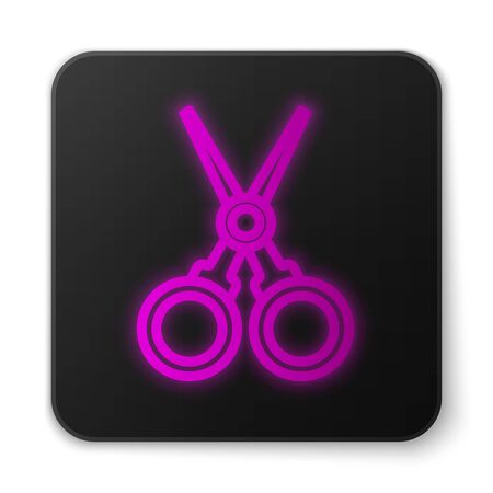 Glowing neon line Scissors hairdresser icon isolated on white background. Hairdresser, fashion salon and barber sign. Barbershop symbol. Black square button. Vector Illustrationのイラスト素材