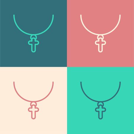 Pop art line Christian cross on chain icon isolated on color background. Church cross. Vector Illustrationのイラスト素材