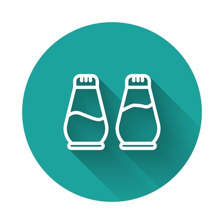 White line Salt and pepper icon isolated with long shadow. Cooking spices. Green circle button. Vector Illustrationのイラスト素材