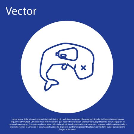 Blue line Environment protection concept whale dead icon isolated on blue background. White circle button. Vector Illustrationのイラスト素材