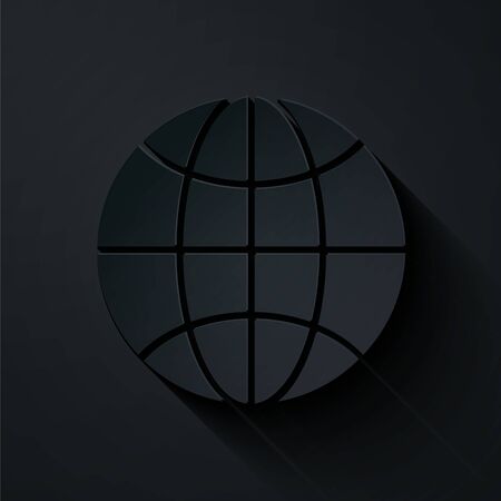 Paper cut Worldwide icon isolated on black background. Pin on globe. Paper art style. Vector Illustrationのイラスト素材