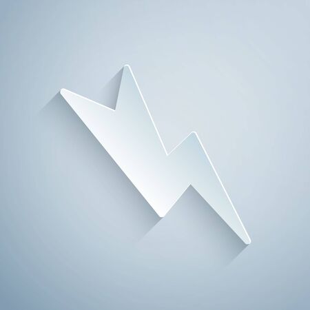 Paper cut Lightning bolt icon isolated on grey background. Flash sign. Charge flash icon. Thunder bolt. Lighting strike. Paper art style. Vector Illustrationのイラスト素材