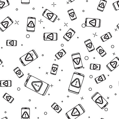 Black line Mobile phone with exclamation mark icon isolated seamless pattern on white background. Alert message smartphone notification. Vector Illustrationのイラスト素材