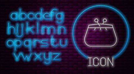Glowing neon line Wallet icon isolated on brick wall background. Purse icon. Cash savings symbol. Neon light alphabet. Vector Illustrationのイラスト素材