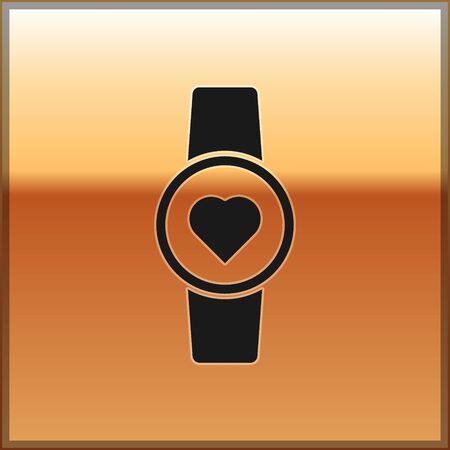 Black Smart watch showing heart beat rate icon isolated on gold background. Fitness App concept. Vectorのイラスト素材