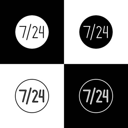 Set Clock 24 hours icon isolated on black and white background. All day cyclic icon. 24 hours service symbol. Vectorのイラスト素材