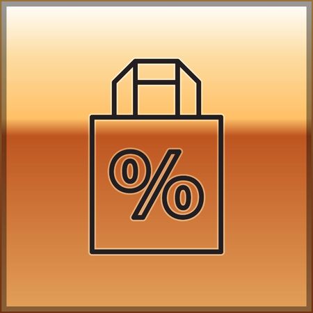 Black line Shoping bag with an inscription percent discount icon isolated on gold background. Handbag sign. Vector Illustrationのイラスト素材