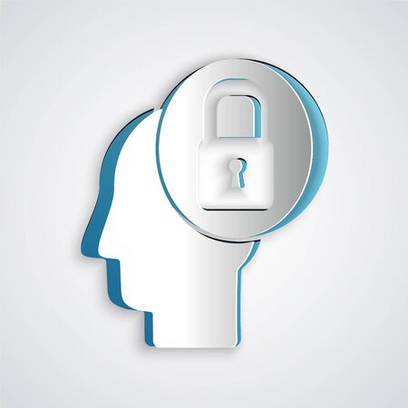 Paper cut Human head with lock icon isolated on grey background. Paper art style. Vector Illustrationのイラスト素材
