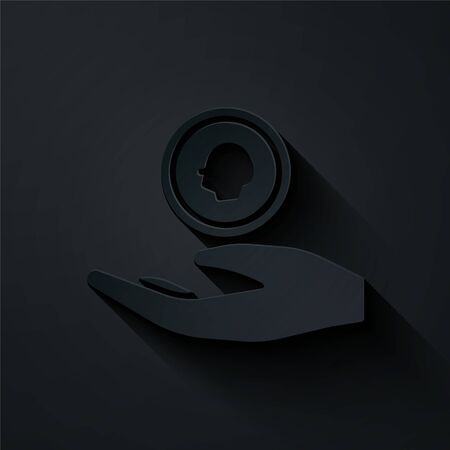 Paper cut Hand holding coin money icon isolated on black background. Dollar or USD symbol. Cash Banking currency sign. Paper art style. Vectorのイラスト素材