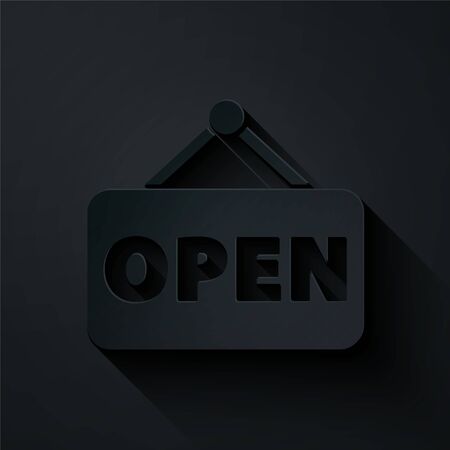 Paper cut Hanging sign with text Open door icon isolated on black background. Paper art style. Vectorのイラスト素材