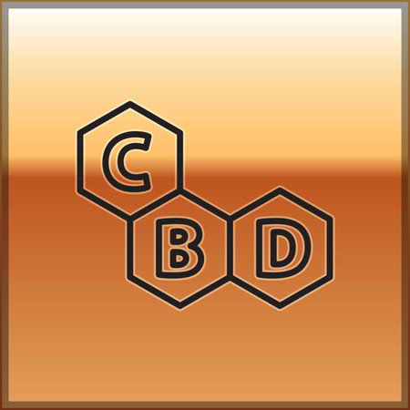 Black line Cannabis molecule icon isolated on gold background. Cannabidiol molecular structures, THC and CBD formula. Marijuana sign. Vectorのイラスト素材