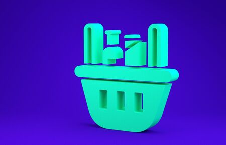 Green Shopping basket and food icon isolated on blue background. Food store, supermarket.  3d illustration 3D renderの写真素材