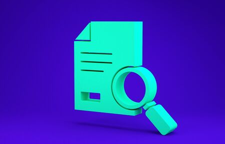 Green Document with search icon isolated on blue background. File and magnifying glass icon. Analytics research sign.  3d illustration 3D renderの写真素材