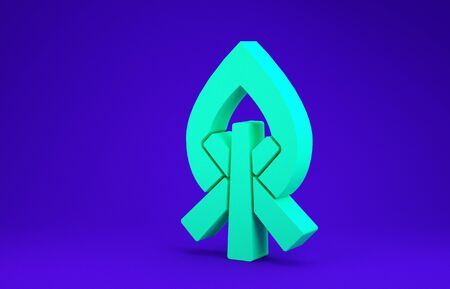 Green Campfire icon isolated on blue background. Burning bonfire with wood.  3d illustration 3D renderの写真素材