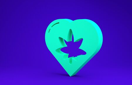 Green Marijuana leaf in heart shape icon isolated on blue background. Hemp symbol.  3d illustration 3D renderの写真素材