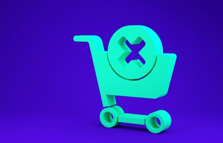 Green Remove shopping cart icon isolated on blue background. Online buying concept. Delivery service. Supermarket basket and X mark.  3d illustration 3D renderの写真素材