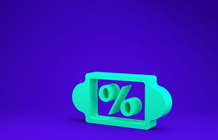 Green Discount percent tag icon isolated on blue background. Shopping tag sign. Special offer sign. Discount coupons symbol.  3d illustration 3D renderの写真素材