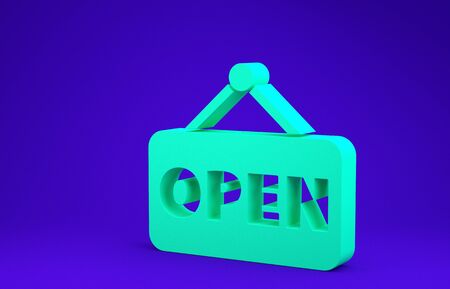 Green Hanging sign with text Open door icon isolated on blue background.  3d illustration 3D renderの写真素材