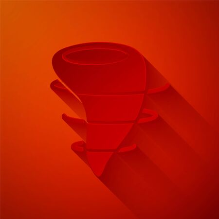 Paper cut Tornado icon isolated on red background. Paper art style. Vector Illustrationのイラスト素材