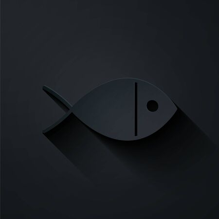 Paper cut Christian fish symbol icon isolated on black background. Jesus fish symbol. Paper art style. Vector Illustrationのイラスト素材