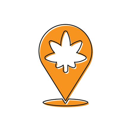 Orange Map pointer and marijuana or cannabis leaf icon isolated on white background. Hemp symbol. Vector Illustration.のイラスト素材