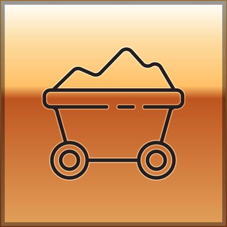 Black line Coal mine trolley icon isolated on gold background. Factory coal mine trolley. Vector Illustrationのイラスト素材