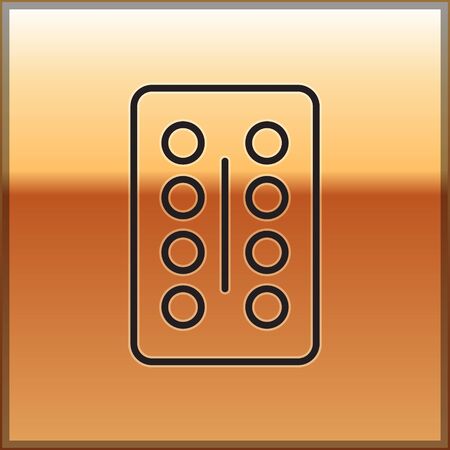 Black line Pills in blister pack icon isolated on gold background. Medical drug package for tablet, vitamin, antibiotic, aspirin. Vector Illustrationのイラスト素材