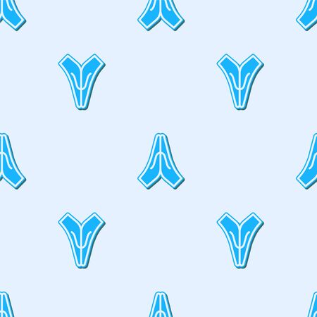Blue line Hands in praying position icon isolated seamless pattern on grey background. Prayer to god with faith and hope. Vector Illustration.のイラスト素材