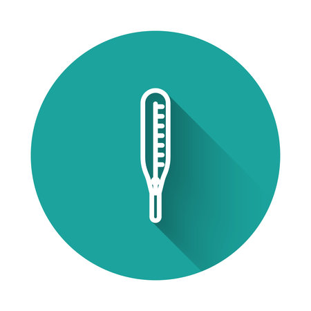 White line Medical thermometer for medical examination icon isolated with long shadow. Green circle button. Vector Illustrationのイラスト素材