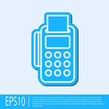 Blue line POS terminal with inserted credit card and printed reciept icon isolated on grey background. NFC payment concept. Vector Illustration.のイラスト素材