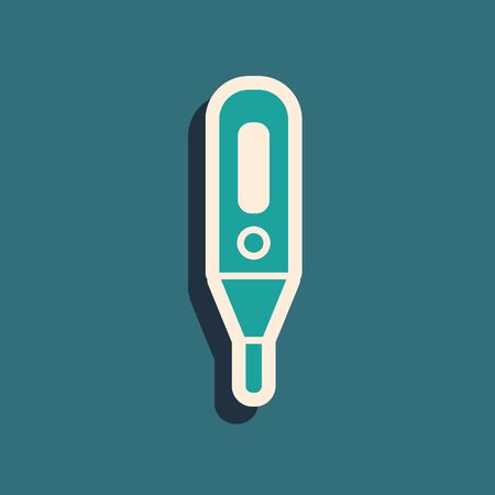 Green Medical digital thermometer for medical examination icon isolated on green background. Long shadow style. Vector Illustration.のイラスト素材