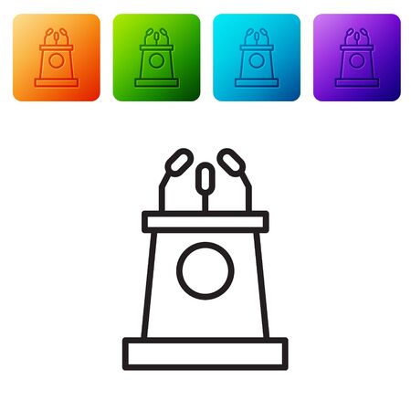 Black line Stage stand or debate podium rostrum icon isolated on white background. Conference speech tribune. Set icons in color square buttons. Vector Illustration.のイラスト素材