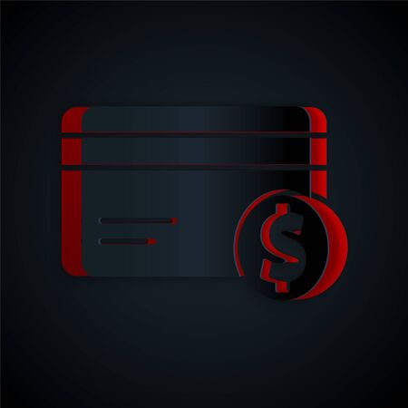 Paper cut Credit card and dollar symbol icon isolated on black background. Online payment. Cash withdrawal. Financial operations. Paper art style. Vector Illustration.のイラスト素材