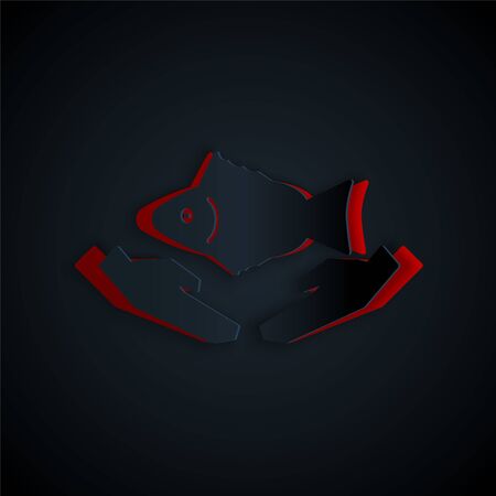 Paper cut Fish care icon isolated on black background. Paper art style. Vector Illustrationのイラスト素材