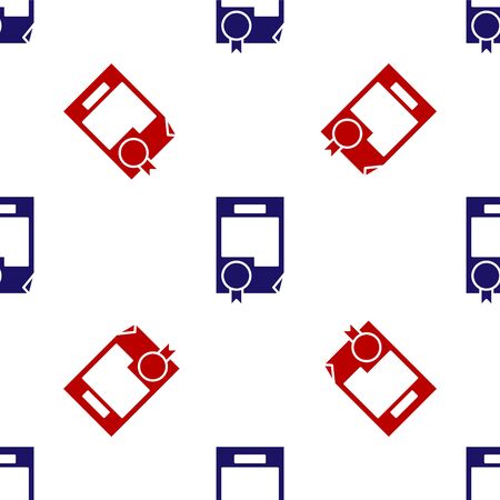 Blue and red Certificate template icon isolated seamless pattern on white background. Achievement, award, degree, grant, diploma. Business success certificate. Vector Illustrationのイラスト素材