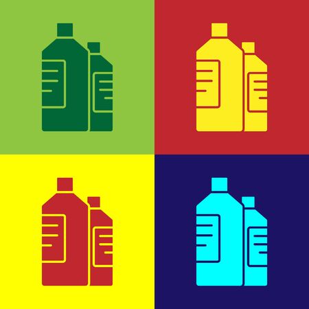 Pop art Plastic bottles for laundry detergent, bleach, dishwashing liquid or another cleaning agent icon isolated on color background. Vector Illustrationのイラスト素材