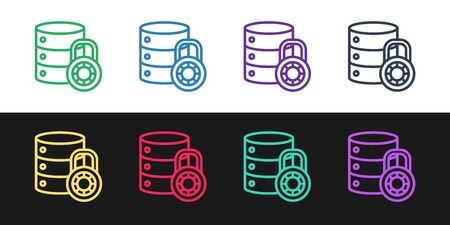 Set line Server security with closed padlock icon isolated on black and white background. Security, safety, protection concept. Vector Illustration.のイラスト素材