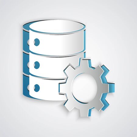 Paper cut Server and gear icon isolated on grey background. Adjusting app, service concept, setting options, maintenance, repair, fixing. Paper art style. Vector Illustration.のイラスト素材