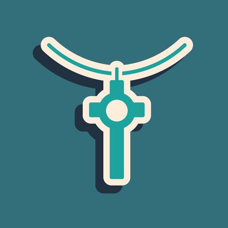 Green Christian cross on chain icon isolated on green background. Church cross. Long shadow style. Vector Illustrationのイラスト素材