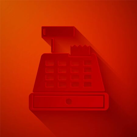 Paper cut Cash register machine with a check icon isolated on red background. Cashier sign. Cashbox symbol. Paper art style. Vector Illustrationのイラスト素材