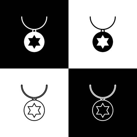 Set Star of David necklace on chain icon isolated on black and white background. Jewish religion. Symbol of Israel. Jewellery and accessory. Vector Illustrationのイラスト素材