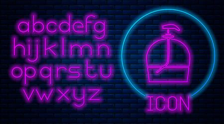Glowing neon Bottle of liquid antibacterial soap with dispenser icon isolated on brick wall background. Disinfection, hygiene, skin care. Neon light alphabet. Vector Illustrationのイラスト素材