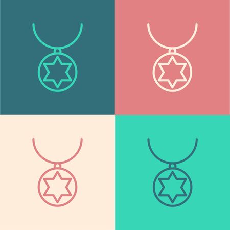 Pop art line Star of David necklace on chain icon isolated on color background. Jewish religion. Symbol of Israel. Jewellery and accessory. Vector Illustrationのイラスト素材