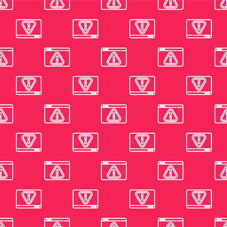 White line Browser with exclamation mark icon isolated seamless pattern on red background. Alert message smartphone notification. Vector Illustrationのイラスト素材
