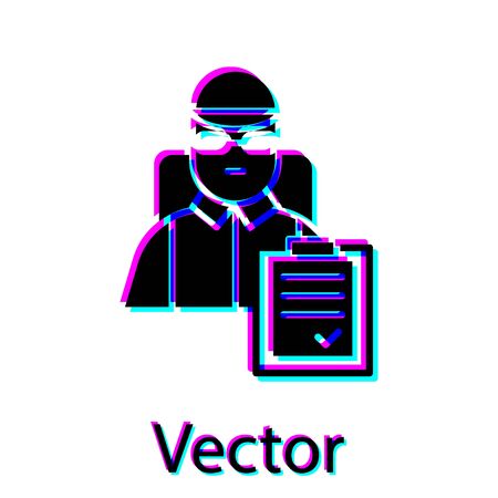 Black Delivery man with cardboard boxes icon isolated on white background. Door to door delivery by courier. Vector Illustration.のイラスト素材