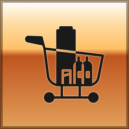 Black Shopping cart and food icon isolated on gold background. Food store, supermarket. Vector Illustration.のイラスト素材