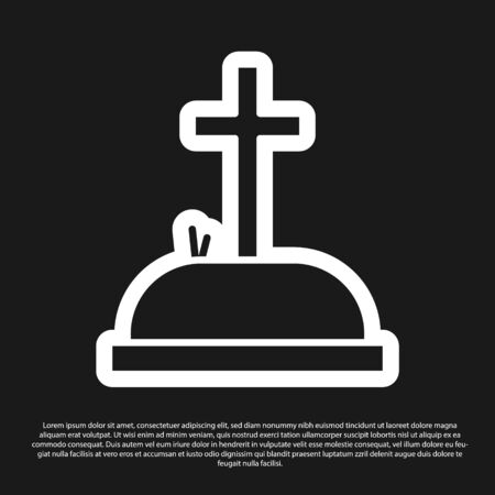 Black Tombstone with cross icon isolated on black background. Grave icon. Vector Illustrationのイラスト素材