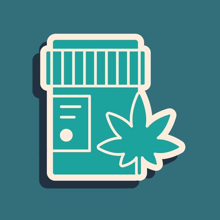 Green Medical bottle with marijuana or cannabis leaf icon isolated on green background. Mock up of cannabis oil extracts in jars. Long shadow style. Vector Illustration.のイラスト素材
