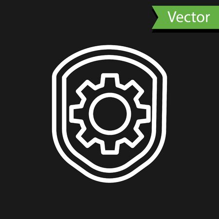 White line Shield with settings gear icon isolated on black background. Adjusting, service, maintenance, repair, fixing. Vector Illustration.のイラスト素材