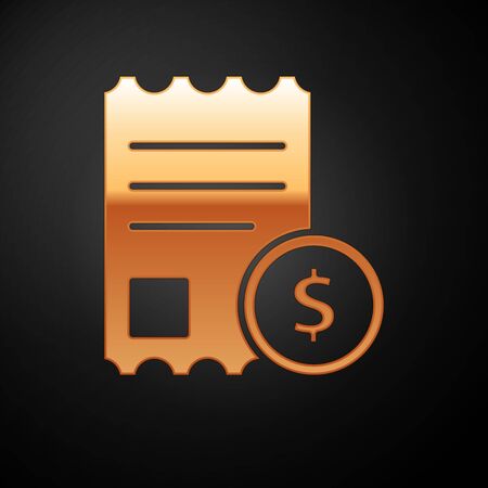 Gold Paper check and financial check icon isolated on black background. Paper print check, shop receipt or bill. Vector Illustrationのイラスト素材